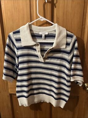 Striped V-Neck Polo Sweater in Cream and Navy